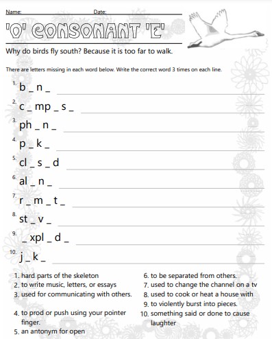 'o' consonant 'e' phonics worksheet