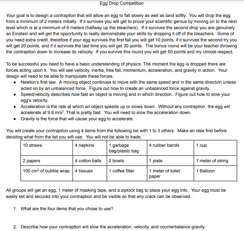 Egg Drop Competition Instructions