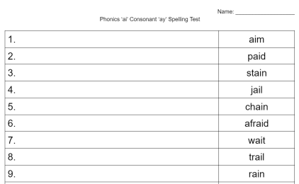 Phonics ai or ay spelling test